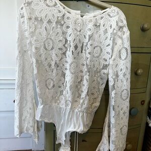 Free People Cream Lace Fitted Bodysuit